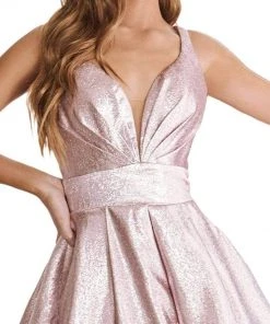 Cinderella Divine - CR850 Pleated Plunge Metallic A-Line Gown