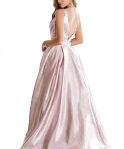 Cinderella Divine - CR850 Pleated Plunge Metallic A-Line Gown