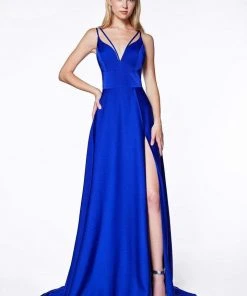 Cinderella Divine - CS034 Plunging V-neck A-line Gown With Train