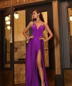Cinderella Divine - CS034 Plunging V-neck A-line Gown With Train