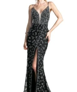 Cinderella Divine - CZ0012 Embellished Deep V-neck Trumpet Dress