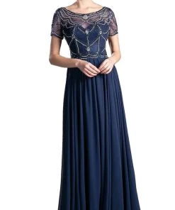 Cinderella Divine - Jewel Beaded Short Sleeve Long Gown