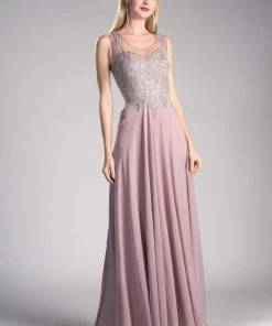 Cinderella Divine - Jeweled Metallic Lace Illusion A-Line Evening Gown