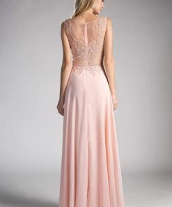 Cinderella Divine - Jeweled Metallic Lace Illusion A-Line Evening Gown