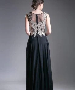 Cinderella Divine - Jeweled Metallic Lace Illusion A-Line Evening Gown