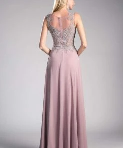 Cinderella Divine - Jeweled Metallic Lace Illusion A-Line Evening Gown