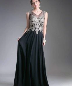 Cinderella Divine - Jeweled Metallic Lace Illusion A-Line Evening Gown