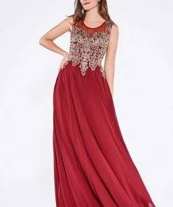 Cinderella Divine - Jeweled Metallic Lace Illusion A-Line Evening Gown