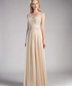 Cinderella Divine - Jeweled Metallic Lace Illusion A-Line Evening Gown