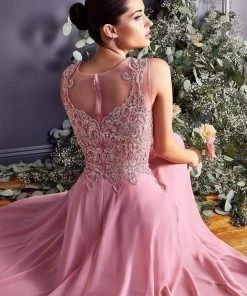 Cinderella Divine - Jeweled Metallic Lace Illusion A-Line Evening Gown