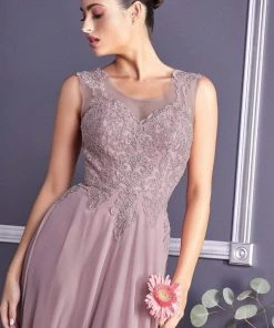 Cinderella Divine - Jeweled Metallic Lace Illusion A-Line Evening Gown