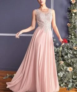 Cinderella Divine - Jeweled Metallic Lace Illusion A-Line Evening Gown