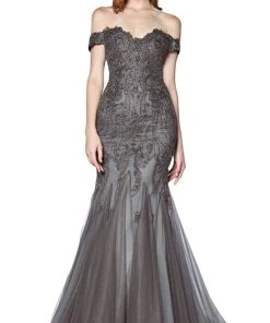 Cinderella Divine - KV1035 Off Shoulder Beaded Lace Tulle Mermaid Gown