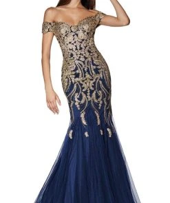 Cinderella Divine - KV1035 Off Shoulder Beaded Lace Tulle Mermaid Gown