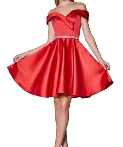 Cinderella Divine - Off-Shoulder Satin Finish A-Line Cocktail Dress CD0140SC - 1 Pc Champagne In Size M Available