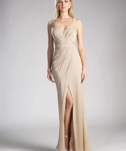 Cinderella Divine - Ruched V-neck Shimmer Fabric Sheath Dress