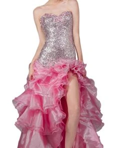 Cinderella Divine - Strapless Sequined Ruffled Evening Gown