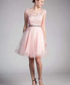 Cinderella Divine - UJ0012 Illusion Shoulders Ruffled Hem Cocktail Dress