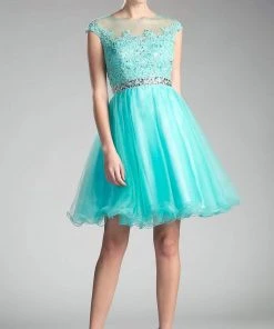 Cinderella Divine - UJ0012 Illusion Shoulders Ruffled Hem Cocktail Dress