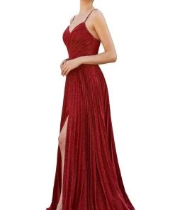 Cinderella Divine - V Neck Pleated Metallic A-Line Dress CJ534 - 1 Pc Mauve In Size 6 Available