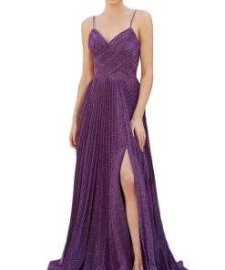 Cinderella Divine - V Neck Pleated Metallic A-Line Dress CJ534 - 1 Pc Mauve In Size 6 Available