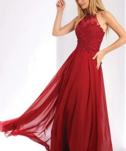 Clarisse - 3528 Jeweled Lace Applique Halter Gown