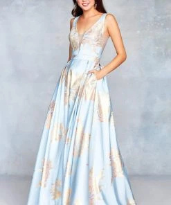 Clarisse - 3703 Deep V-neck Brocade A-line Dress