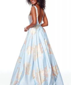 Clarisse - 3703 Deep V-neck Brocade A-line Dress