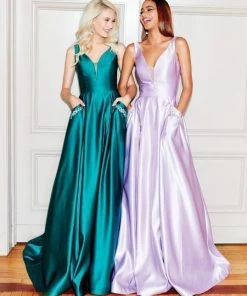 Clarisse - 3741 V Neck Corset Lace Up Back Satin Dress