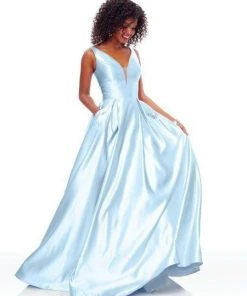 Clarisse - 3741 V Neck Corset Lace Up Back Satin Dress