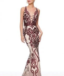 Clarisse - 3797 Sequined Deep V-neck Mermaid Dress