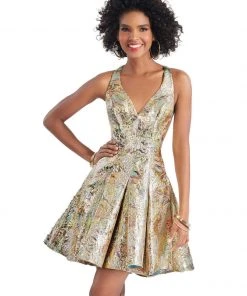 Clarisse - 3903 V-neck Metallic Brocade Pleated A-line Dress