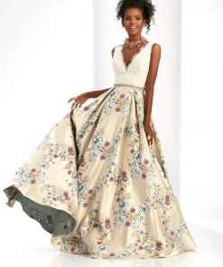 Clarisse - 4973 Lace V-Neck Floral Gown
