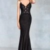 Clarisse - 5003 Lace Deep V-neck Stretch Satin Mermaid Dress