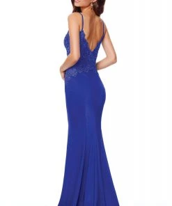 Clarisse - 5003 Lace Deep V-neck Stretch Satin Mermaid Dress
