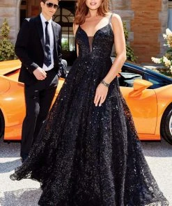 Clarisse - 5042 Sequined Deep V-neck A-line Dress