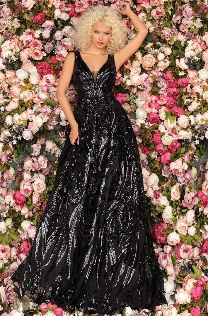 Clarisse - 5105 Plunging V-Neck Pattern-Sequined A-Line Gown 3 Clarisse - 5105 Plunging V-Neck Pattern-Sequined A-Line Gown