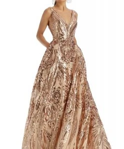 Clarisse - 5105 Plunging V-Neck Pattern-Sequined A-Line Gown 10 Clarisse - 5105 Plunging V-Neck Pattern-Sequined A-Line Gown