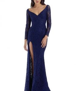 Clarisse - 5134 Long Sleeve V Neck Beaded Lace Long Fitted Dress