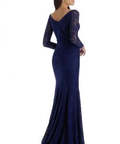 Clarisse - 5134 Long Sleeve V Neck Beaded Lace Long Fitted Dress