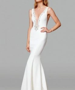 Clarisse - 600129 Embellished Deep V-neck Mermaid Dress
