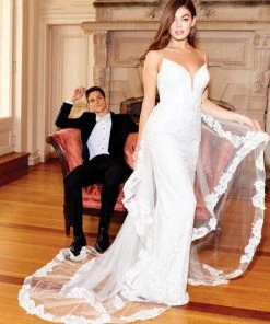 Clarisse - 600141 Beaded Lace Deep V-neck Sheath Dress