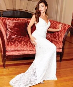 Clarisse - 600141 Beaded Lace Deep V-neck Sheath Dress