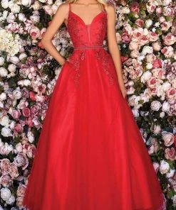 Clarisse - 800307 Floral Embroidered Plunging A-Line Gown