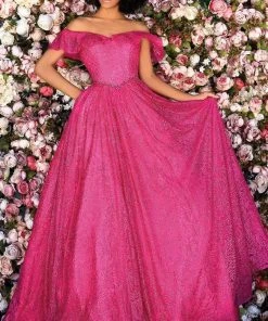 Clarisse - 800313 Long Ruffled Off Shoulder Glittery Gown