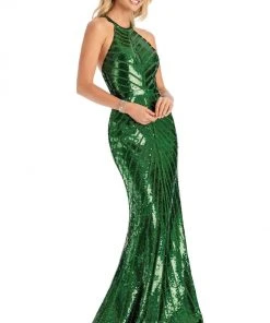Clarisse - 8004 Halter Neck Chevron Sequined Mermaid Gown