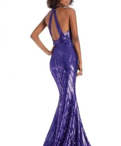 Clarisse - 8004 Halter Neck Chevron Sequined Mermaid Gown