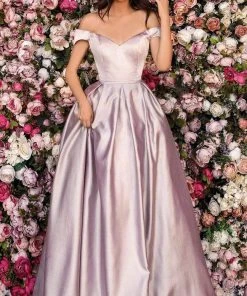 Clarisse - 8010 Off Shoulder Lace-Up Back Long A-Line Satin Gown