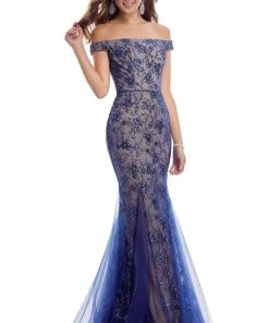 Clarisse - 8014 Off-Shoulder Lace-Up Back Sequined Sheath Dress