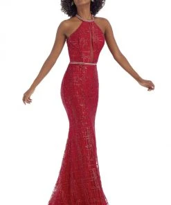Clarisse - 8018 Embellished Halter Neck Trumpet Dress